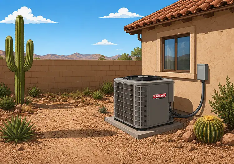 A ProSkill air conditioning condenser unit installed beside an Arizona home
