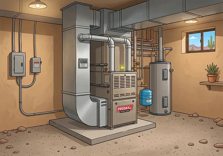 A ProSkill gas furnace and ductwork installed in an Arizona home utility room