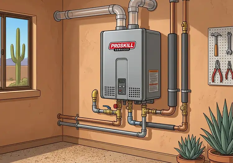 A ProSkill tankless water heater mounted with copper supply lines in an Arizona home