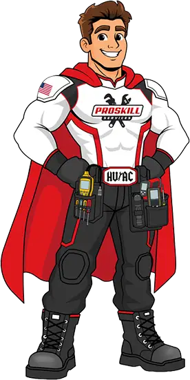 ProSkill Services mascot, a caped HVAC and plumbing technician